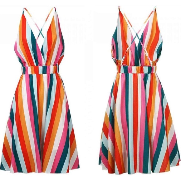 🩷NWOT- Backless Striped Deep V Colorful Striped Maxi Halter Dress🩷 SZ L - Picture 6 of 14